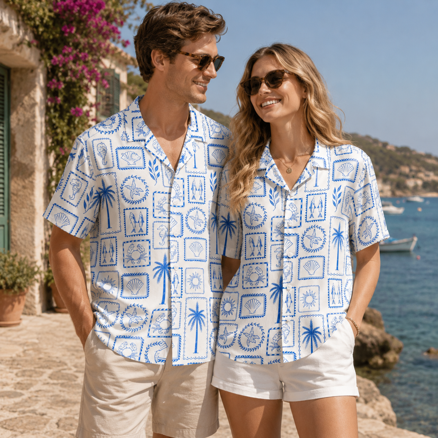 HW-M148-Mediterranean Blue Tile Hawaiian Shirt Coastal Stamp Print Beachwear Top