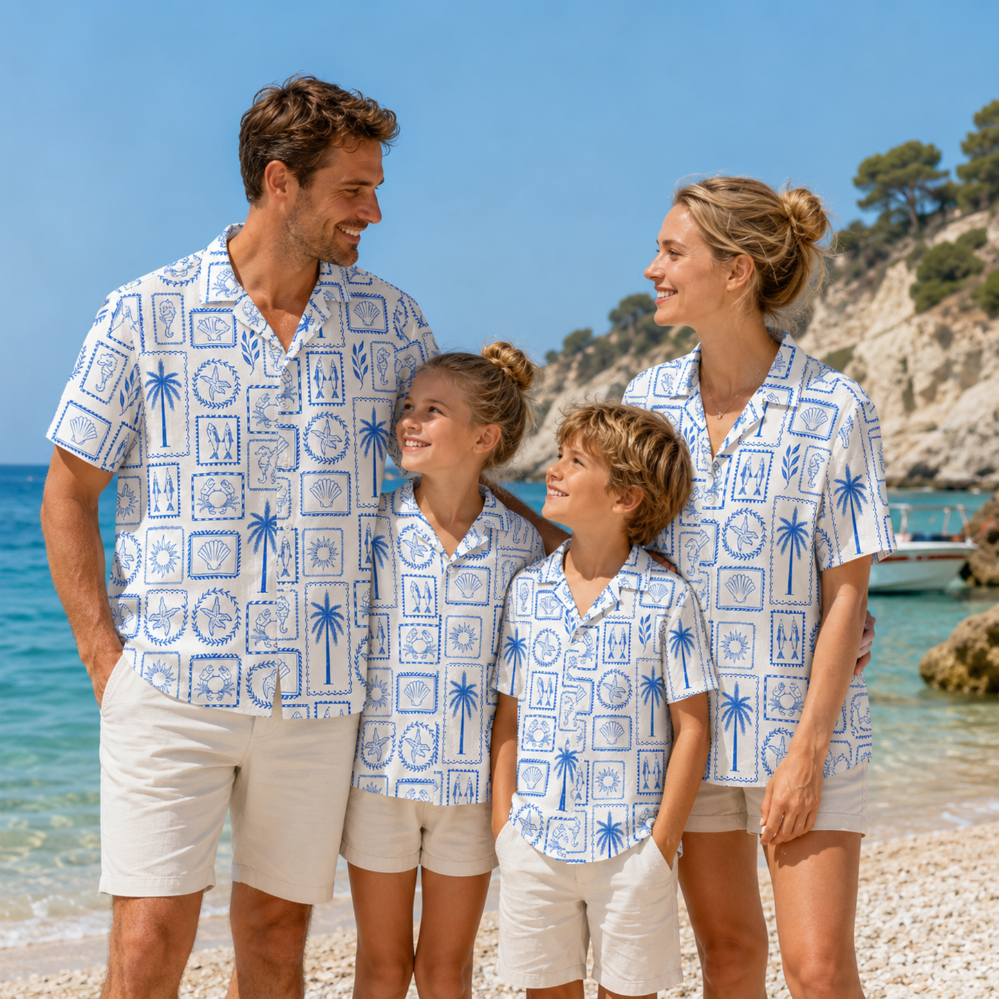 HW-M148-Mediterranean Blue Tile Hawaiian Shirt Coastal Stamp Print Beachwear Top