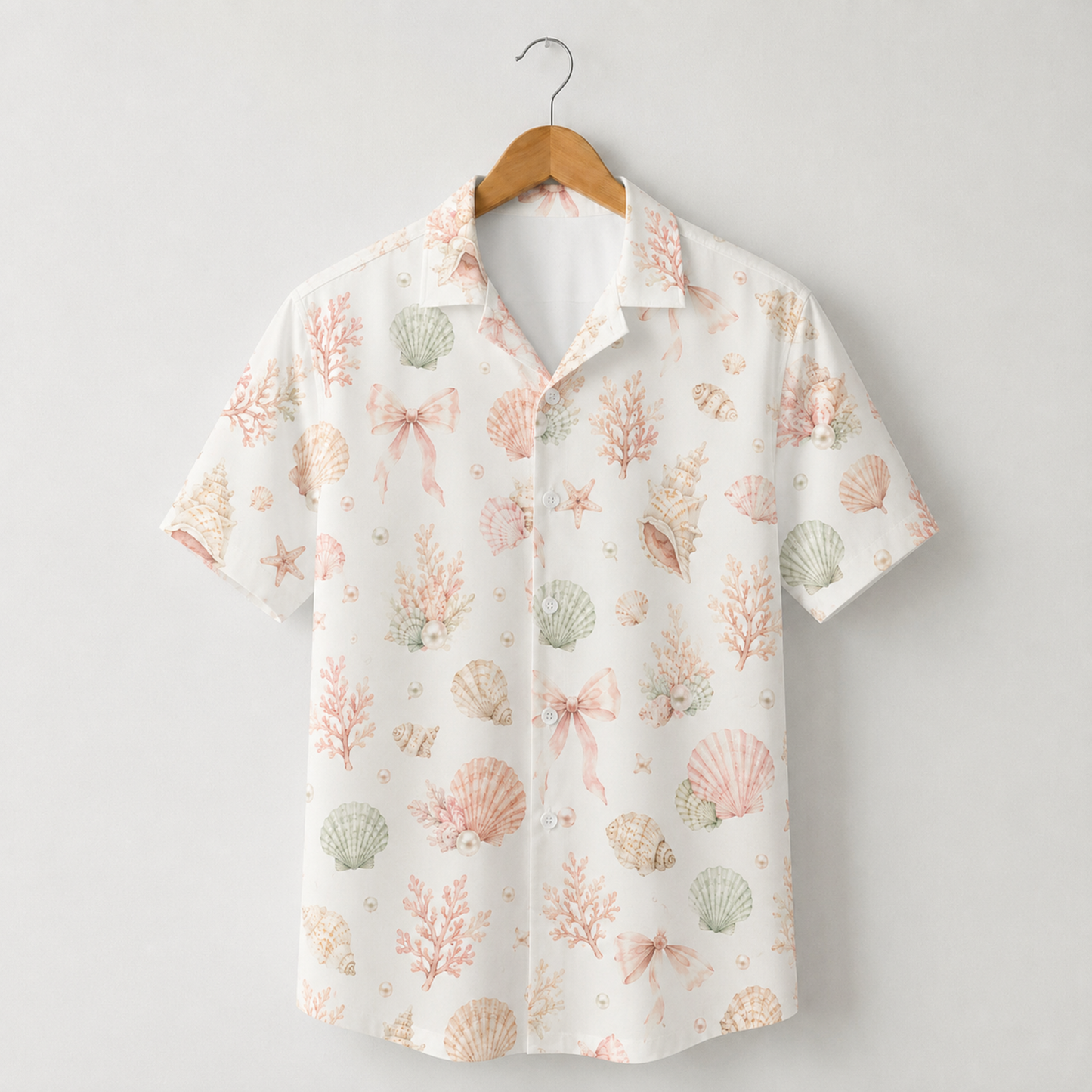 HW-M149-Pastel Pink Seashell Bow Hawaiian Shirt Coastal Pearl Watercolor Button Down
