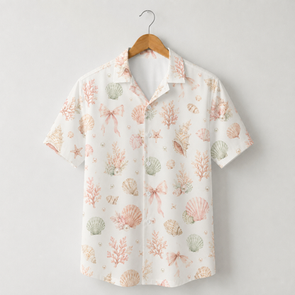 HW-M149-Pastel Pink Seashell Bow Hawaiian Shirt Coastal Pearl Watercolor Button Down
