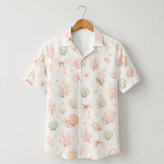 HW-M149-Pastel Pink Seashell Bow Hawaiian Shirt Coastal Pearl Watercolor Button Down