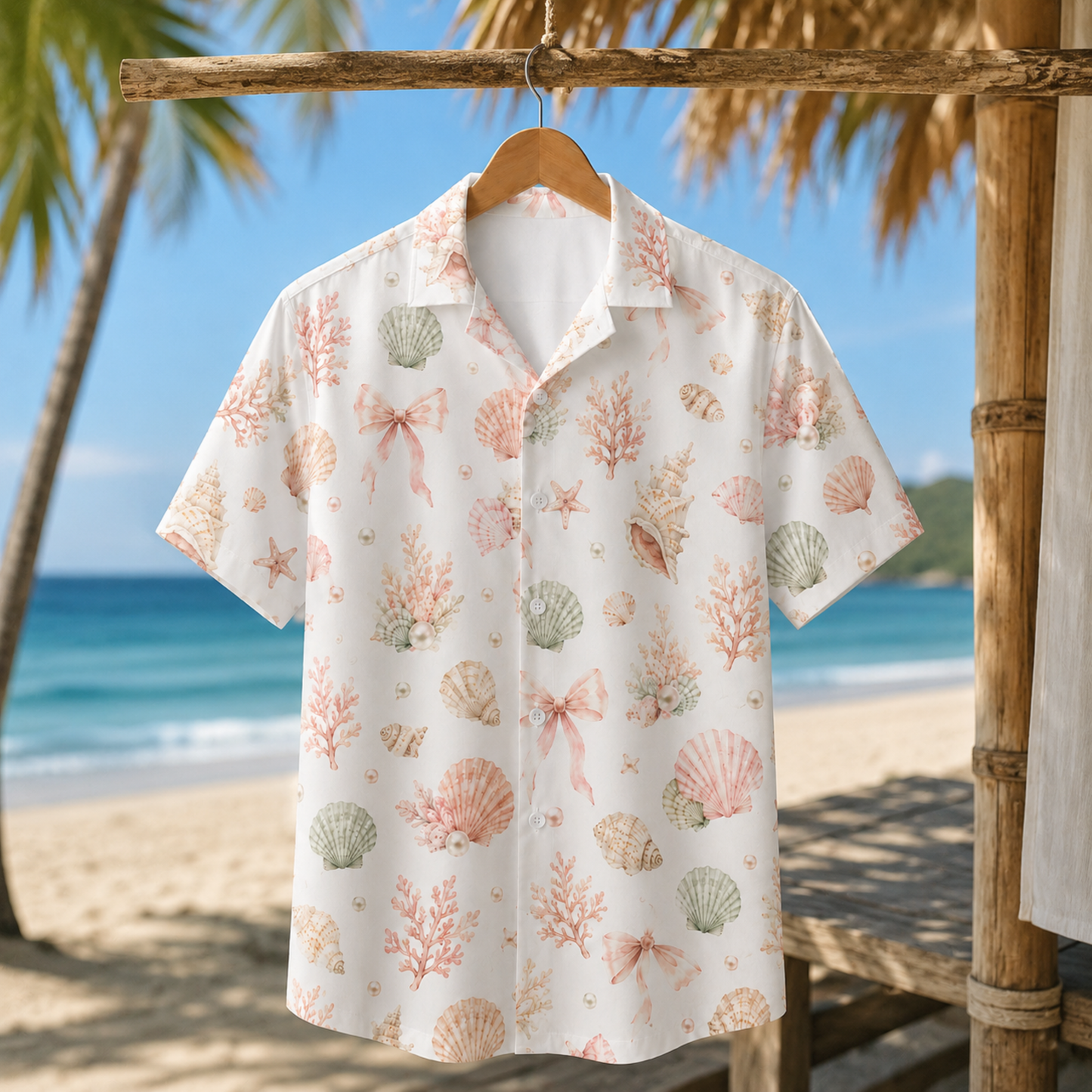 HW-M149-Pastel Pink Seashell Bow Hawaiian Shirt Coastal Pearl Watercolor Button Down