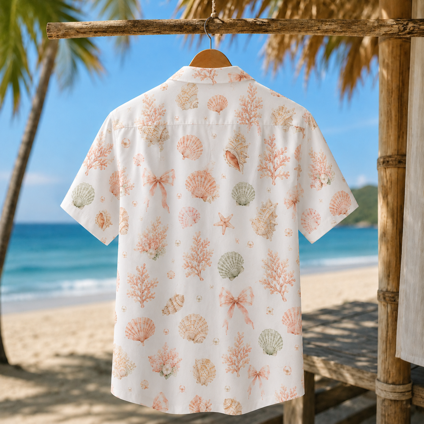 HW-M149-Pastel Pink Seashell Bow Hawaiian Shirt Coastal Pearl Watercolor Button Down