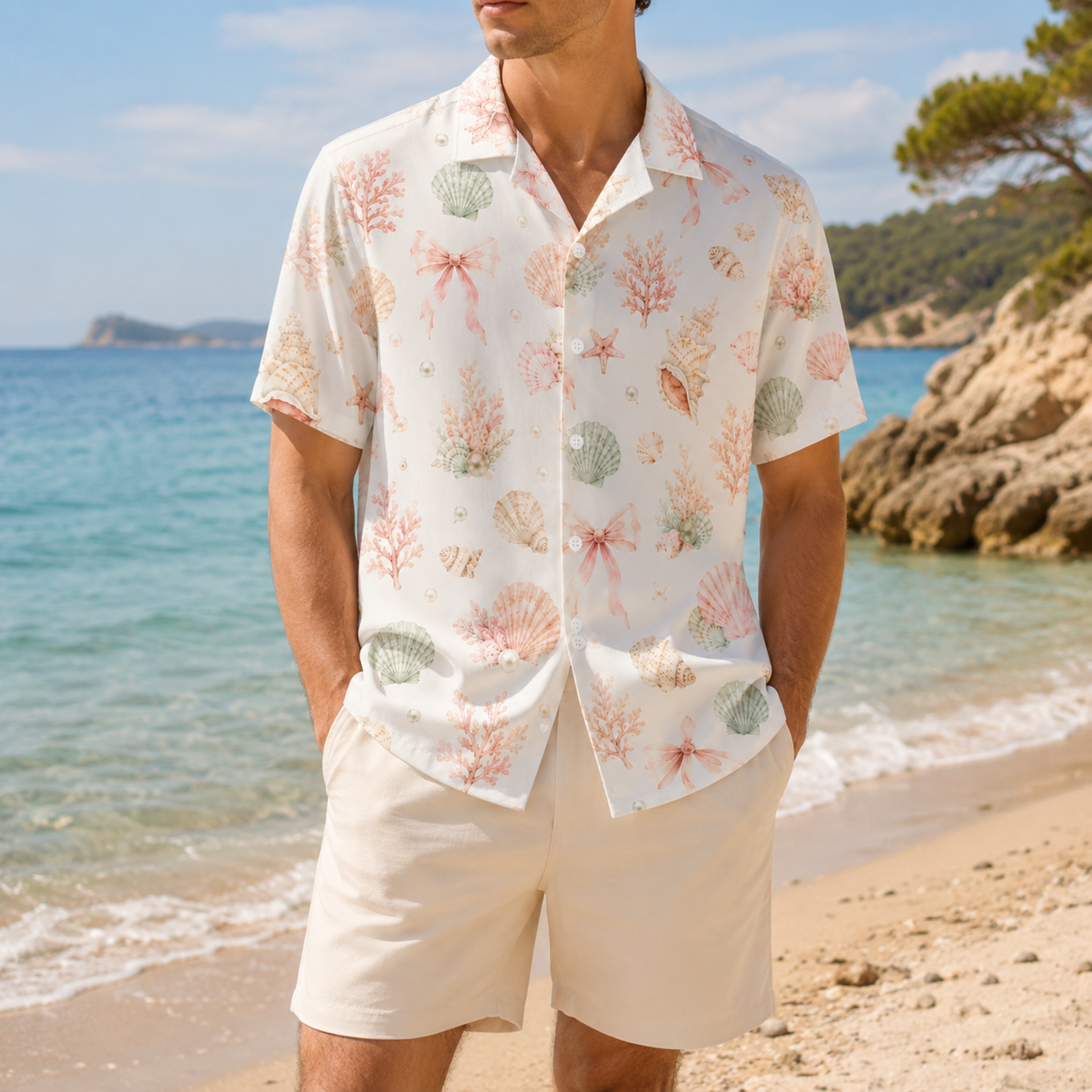 HW-M149-Pastel Pink Seashell Bow Hawaiian Shirt Coastal Pearl Watercolor Button Down