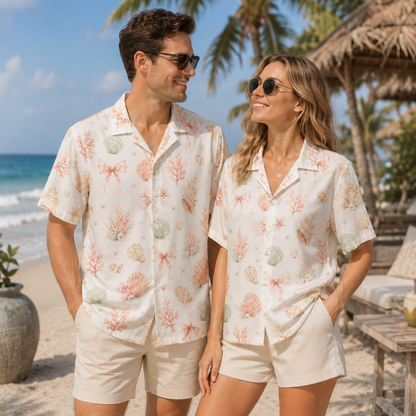 HW-M149-Pastel Pink Seashell Bow Hawaiian Shirt Coastal Pearl Watercolor Button Down
