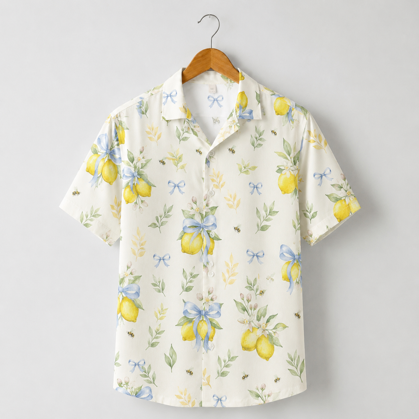 HW-M150-Cottagecore Lemon Floral Hawaiian Shirt Watercolor Citrus Bow Button Down Top