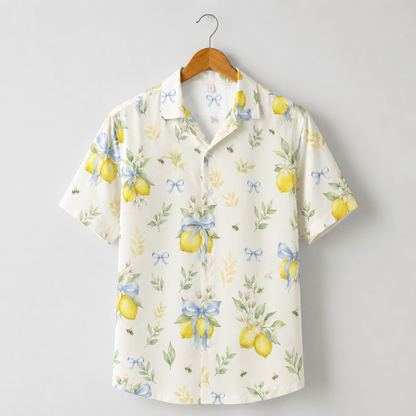 HW-M150-Cottagecore Lemon Floral Hawaiian Shirt Watercolor Citrus Bow Button Down Top