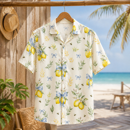 HW-M150-Cottagecore Lemon Floral Hawaiian Shirt Watercolor Citrus Bow Button Down Top