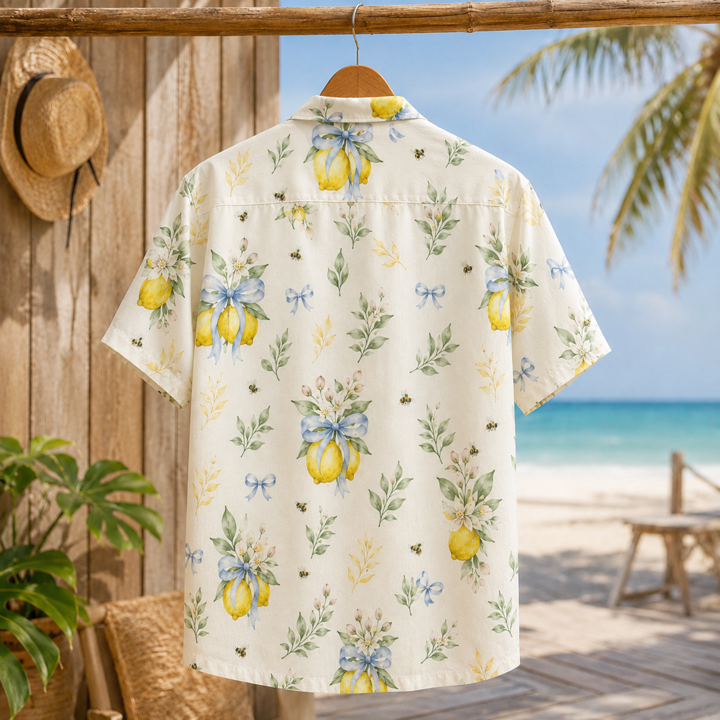 HW-M150-Cottagecore Lemon Floral Hawaiian Shirt Watercolor Citrus Bow Button Down Top