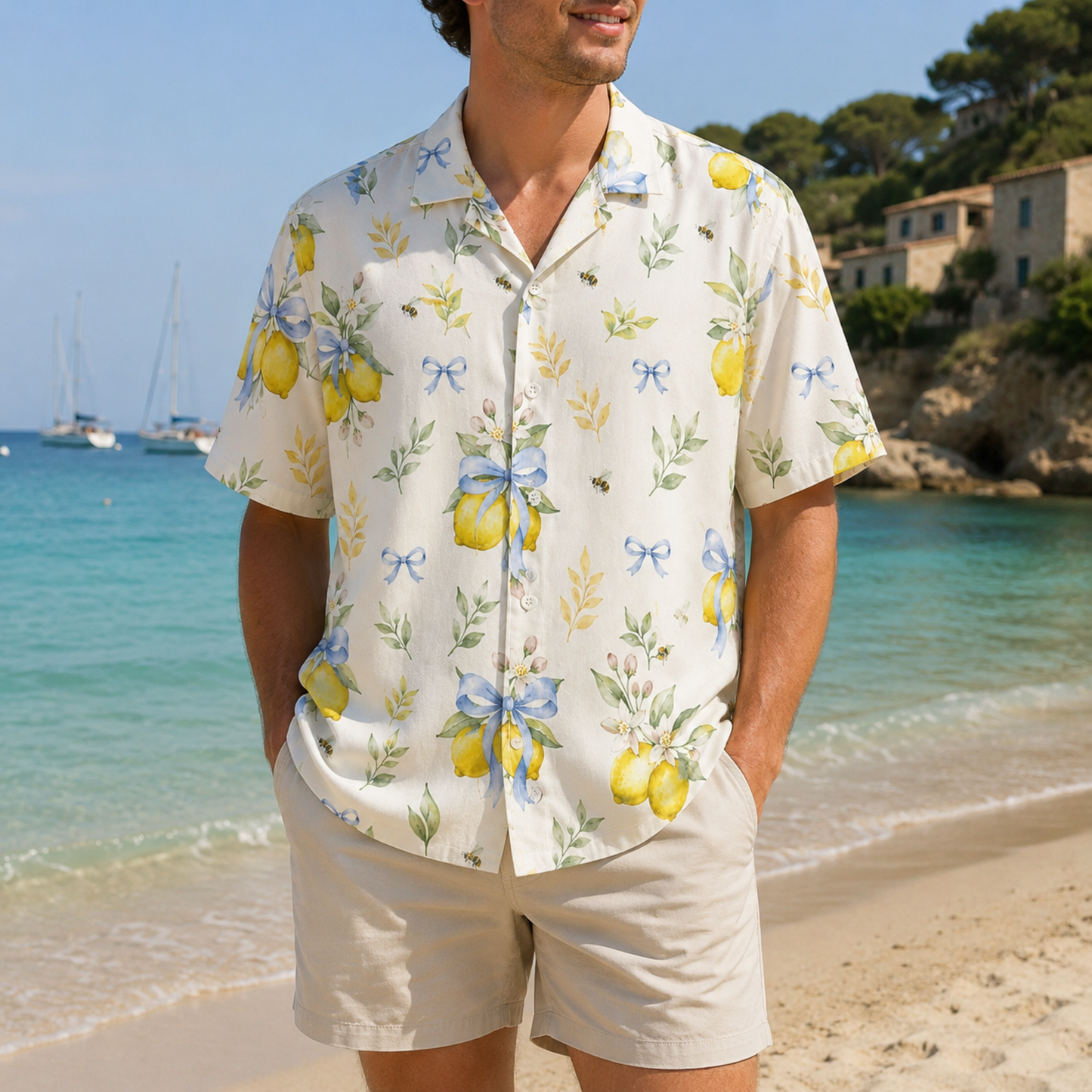 HW-M150-Cottagecore Lemon Floral Hawaiian Shirt Watercolor Citrus Bow Button Down Top