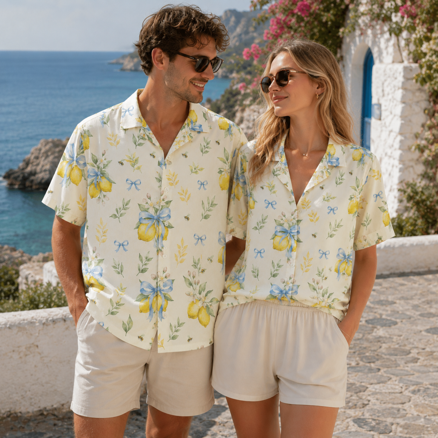 HW-M150-Cottagecore Lemon Floral Hawaiian Shirt Watercolor Citrus Bow Button Down Top