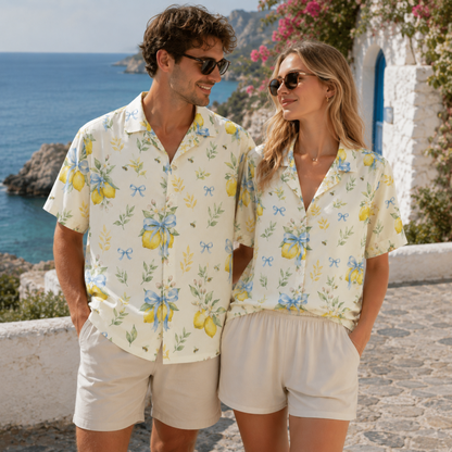 HW-M150-Cottagecore Lemon Floral Hawaiian Shirt Watercolor Citrus Bow Button Down Top
