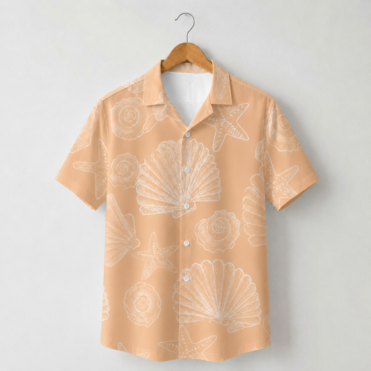 HW-M151-Peach Seashell Sketch Hawaiian Shirt Minimalist Starfish Coastal Button Down