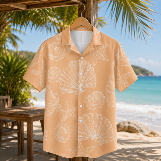 HW-M151-Peach Seashell Sketch Hawaiian Shirt Minimalist Starfish Coastal Button Down