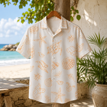 HW-M152-Orange Sea Turtle Sketch Hawaiian Shirt Coastal Starfish Line Art Button Down Top