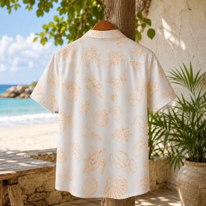 HW-M152-Orange Sea Turtle Sketch Hawaiian Shirt Coastal Starfish Line Art Button Down Top
