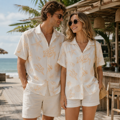 HW-M152-Orange Sea Turtle Sketch Hawaiian Shirt Coastal Starfish Line Art Button Down Top