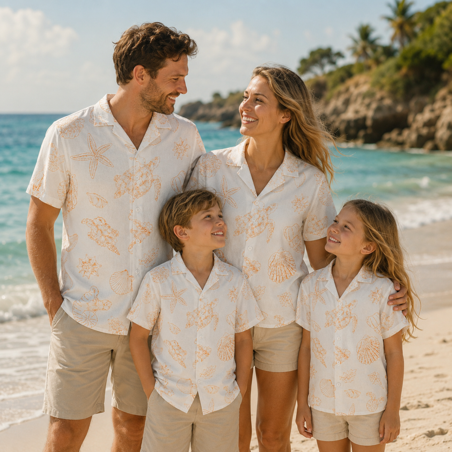 HW-M152-Orange Sea Turtle Sketch Hawaiian Shirt Coastal Starfish Line Art Button Down Top