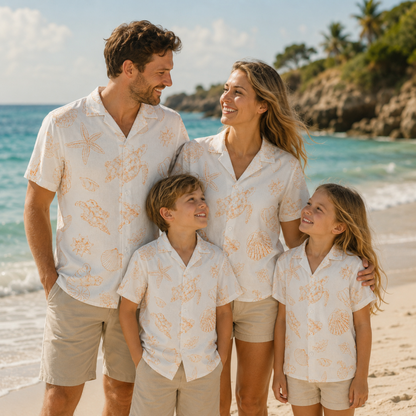 HW-M152-Orange Sea Turtle Sketch Hawaiian Shirt Coastal Starfish Line Art Button Down Top