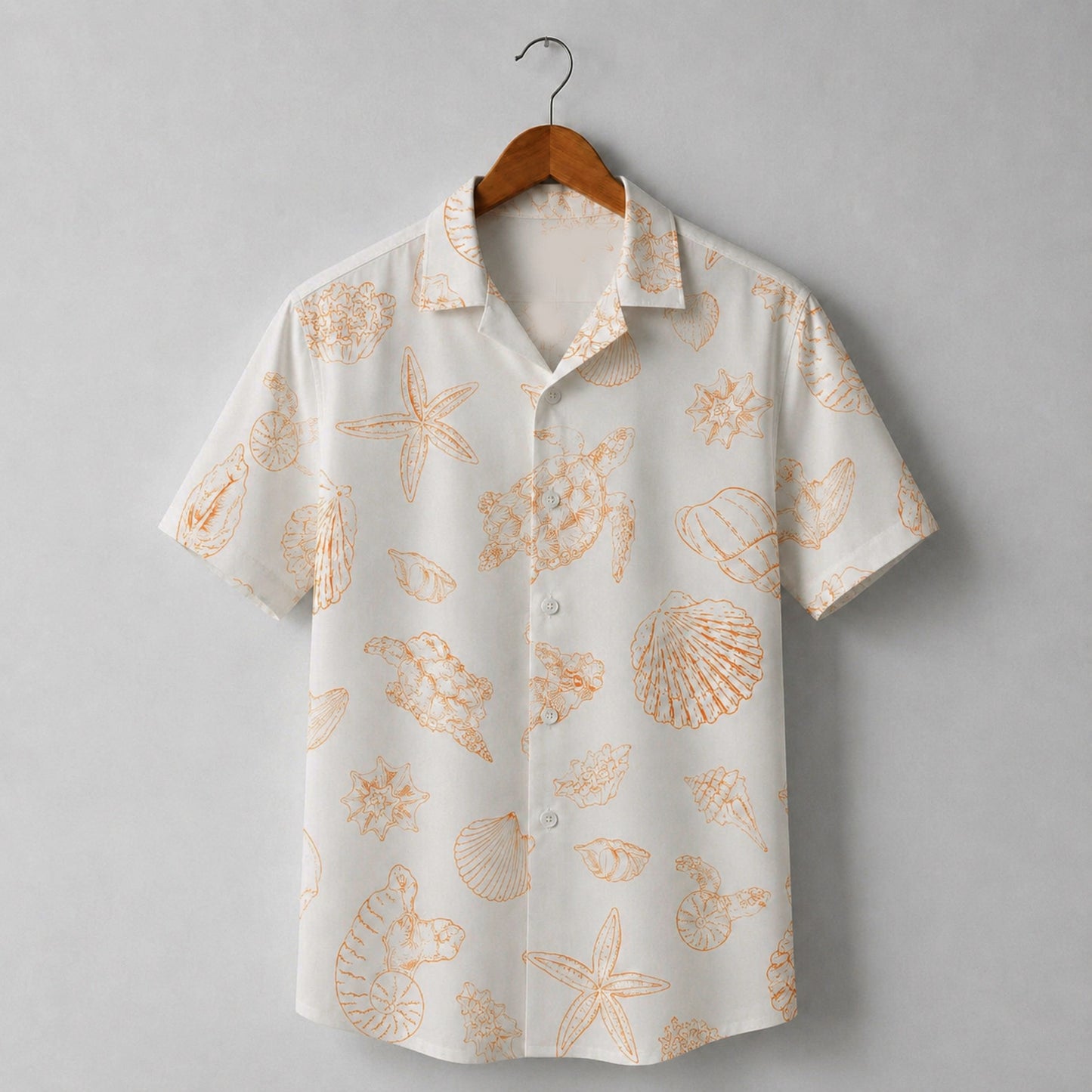 HW-M152-Orange Sea Turtle Sketch Hawaiian Shirt Coastal Starfish Line Art Button Down Top