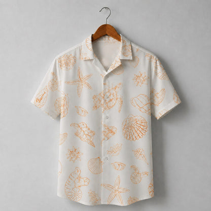 HW-M152-Orange Sea Turtle Sketch Hawaiian Shirt Coastal Starfish Line Art Button Down Top