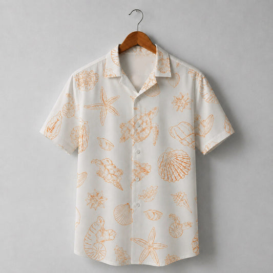 HW-M152-Orange Sea Turtle Sketch Hawaiian Shirt Coastal Starfish Line Art Button Down Top