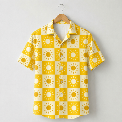 HW-M153-Gold Satin Sun Hawaiian Shirt, Checkerboard Pattern Button Down Top Beachwear Resort Casual Raiment
