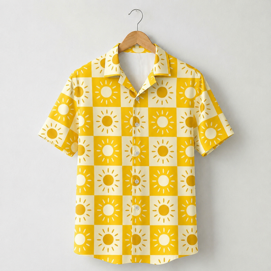 HW-M153-Gold Satin Sun Hawaiian Shirt, Checkerboard Pattern Button Down Top Beachwear Resort Casual Raiment