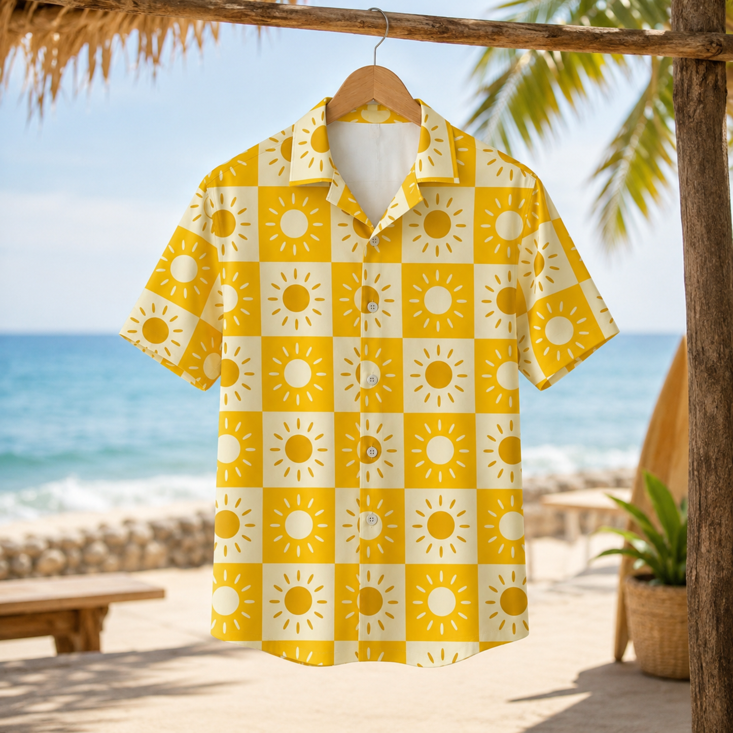 HW-M153-Gold Satin Sun Hawaiian Shirt, Checkerboard Pattern Button Down Top Beachwear Resort Casual Raiment