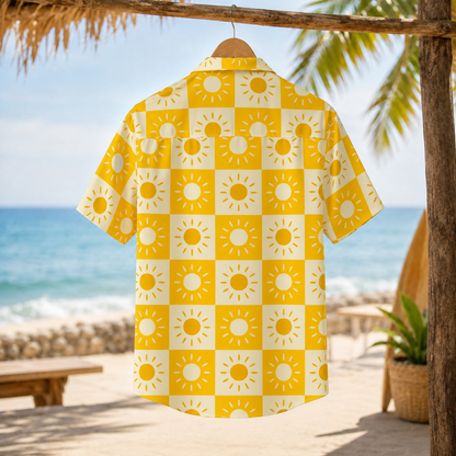 HW-M153-Gold Satin Sun Hawaiian Shirt, Checkerboard Pattern Button Down Top Beachwear Resort Casual Raiment