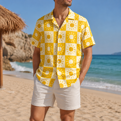 HW-M153-Gold Satin Sun Hawaiian Shirt, Checkerboard Pattern Button Down Top Beachwear Resort Casual Raiment