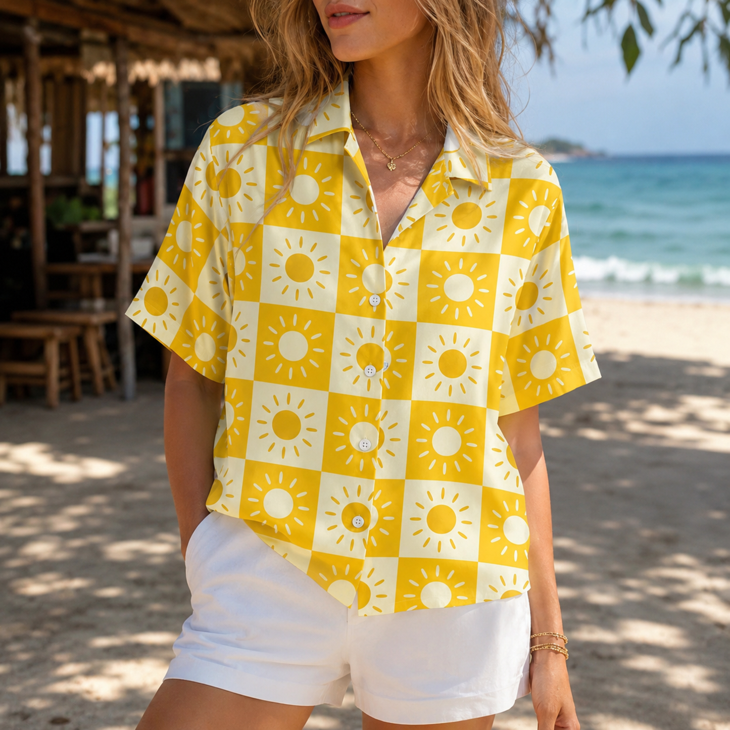 HW-M153-Gold Satin Sun Hawaiian Shirt, Checkerboard Pattern Button Down Top Beachwear Resort Casual Raiment