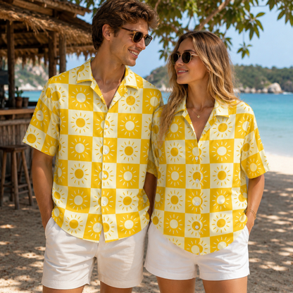 HW-M153-Gold Satin Sun Hawaiian Shirt, Checkerboard Pattern Button Down Top Beachwear Resort Casual Raiment