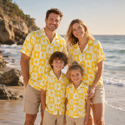 HW-M153-Gold Satin Sun Hawaiian Shirt, Checkerboard Pattern Button Down Top Beachwear Resort Casual Raiment