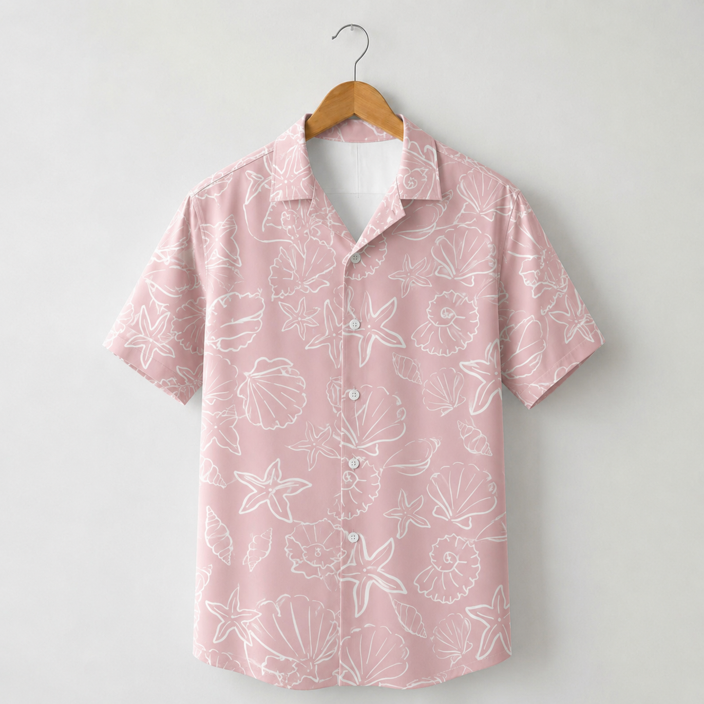 HW-M154-Pink Satin Starfish Hawaiian Shirt, Marine Pattern Button Down Top Beachwear Resort Casual Clothing