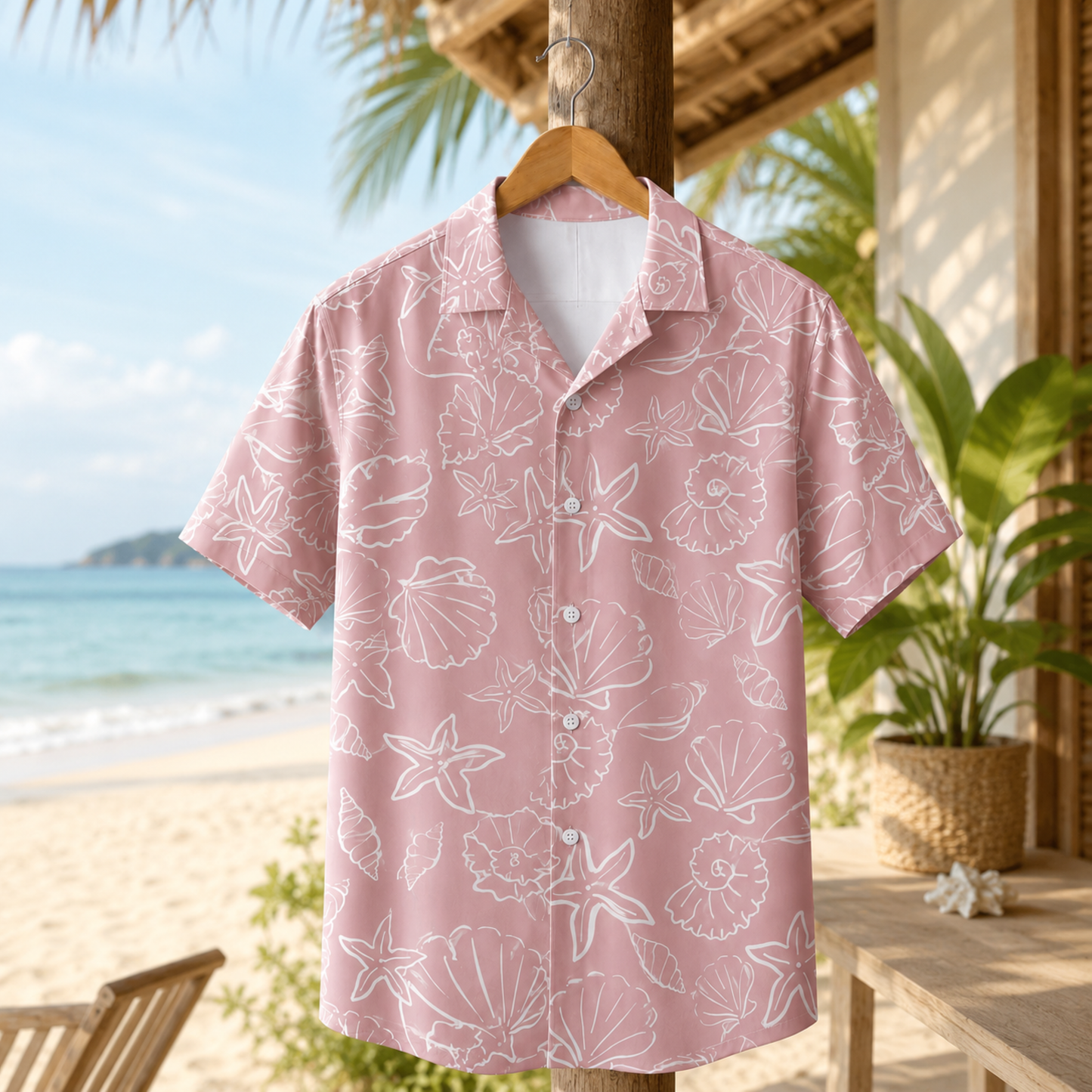 HW-M154-Pink Satin Starfish Hawaiian Shirt, Marine Pattern Button Down Top Beachwear Resort Casual Clothing
