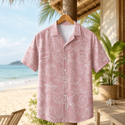 HW-M154-Pink Satin Starfish Hawaiian Shirt, Marine Pattern Button Down Top Beachwear Resort Casual Clothing