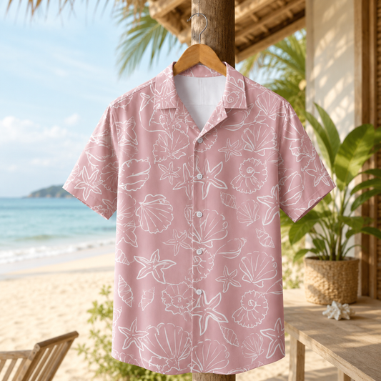 HW-M154-Pink Satin Starfish Hawaiian Shirt, Marine Pattern Button Down Top Beachwear Resort Casual Clothing