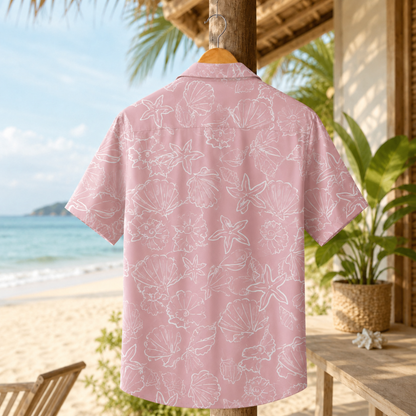 HW-M154-Pink Satin Starfish Hawaiian Shirt, Marine Pattern Button Down Top Beachwear Resort Casual Clothing