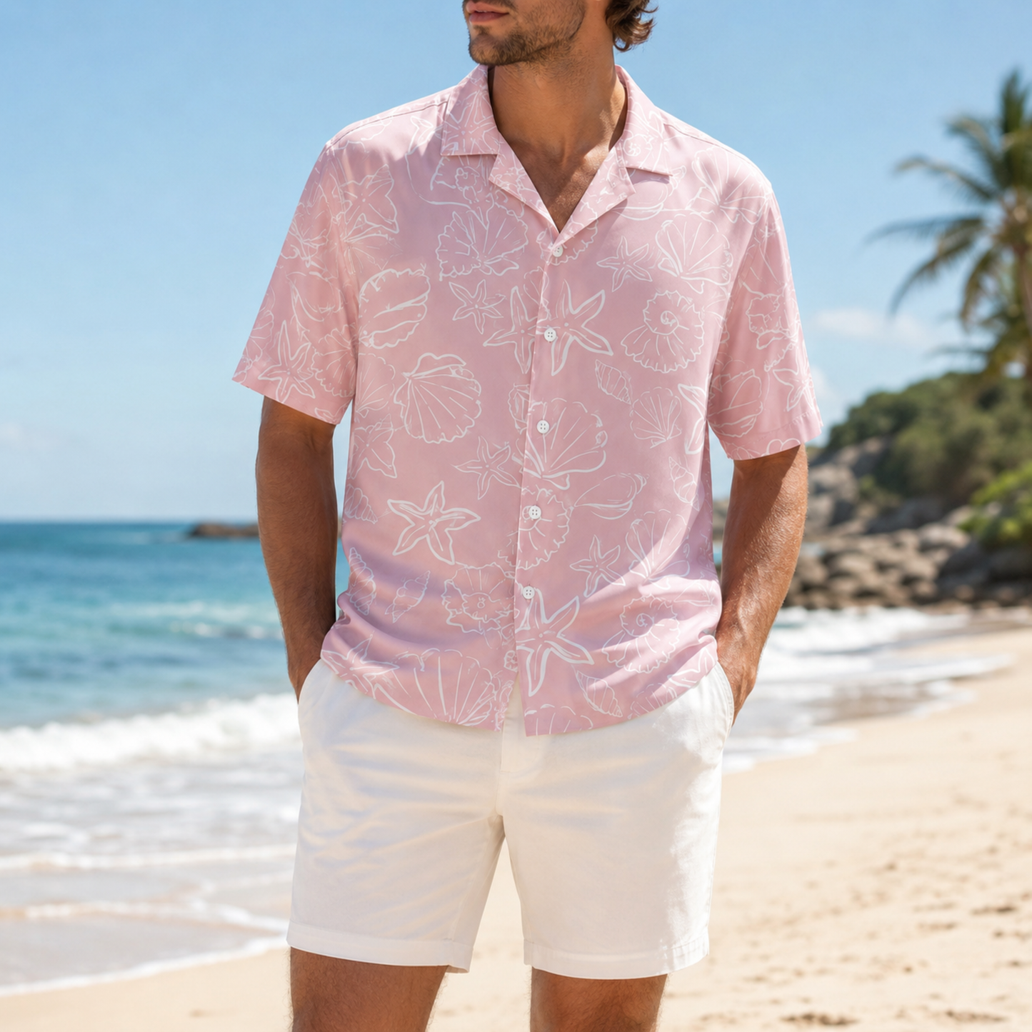 HW-M154-Pink Satin Starfish Hawaiian Shirt, Marine Pattern Button Down Top Beachwear Resort Casual Clothing