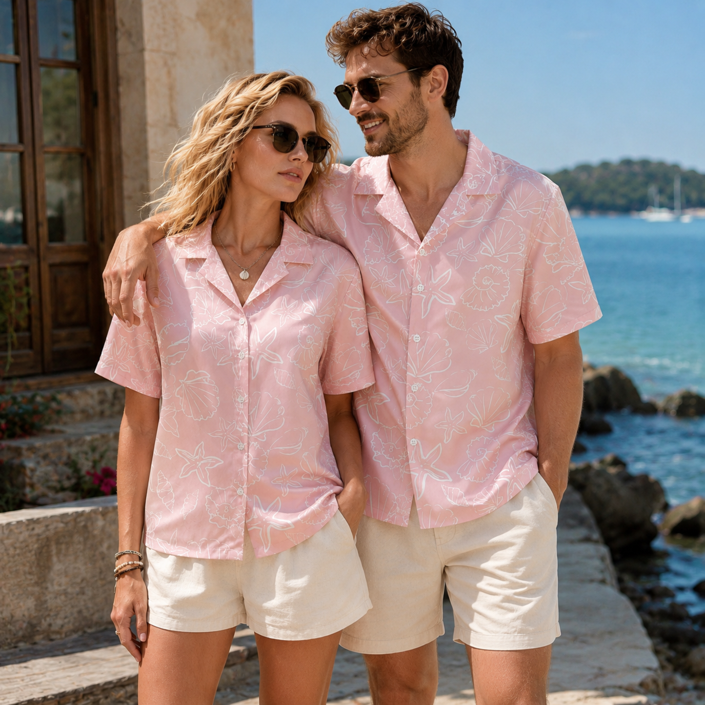 HW-M154-Pink Satin Starfish Hawaiian Shirt, Marine Pattern Button Down Top Beachwear Resort Casual Clothing