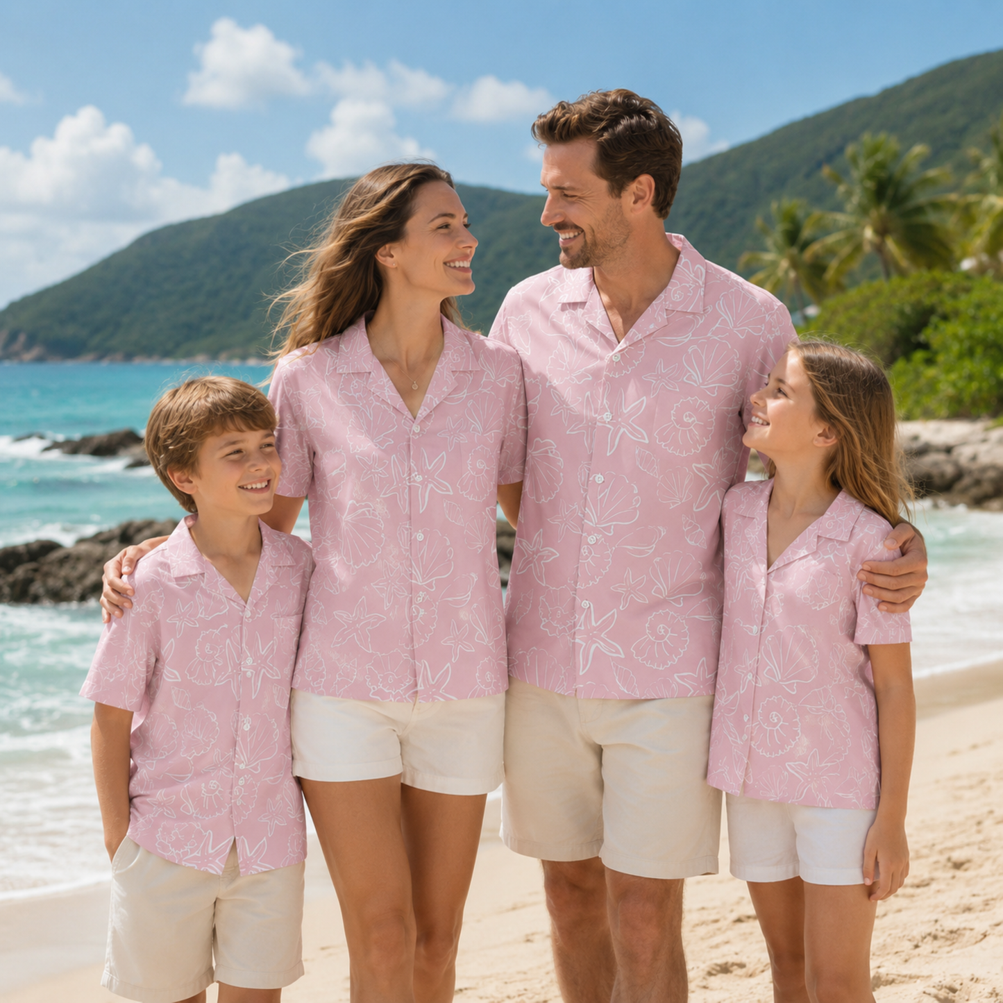HW-M154-Pink Satin Starfish Hawaiian Shirt, Marine Pattern Button Down Top Beachwear Resort Casual Clothing