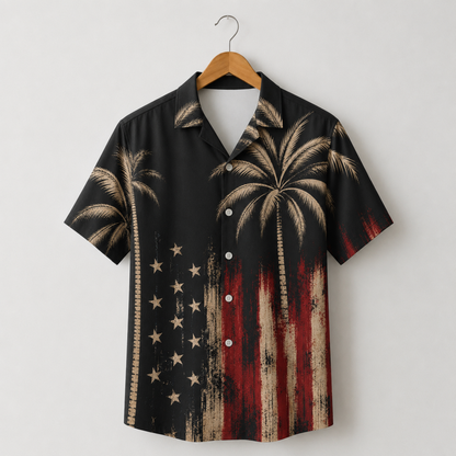 HW-M212-Patriotic American Flag Palm Tree Satin Hawaiian Shirt Vintage USA Summer Beach Button Up