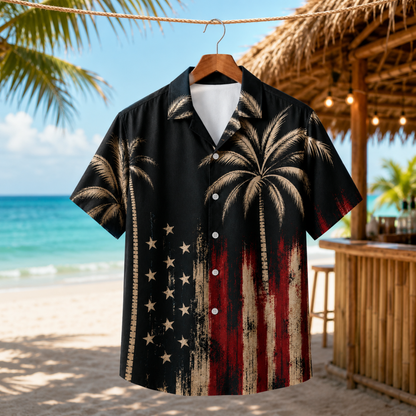 HW-M212-Patriotic American Flag Palm Tree Satin Hawaiian Shirt Vintage USA Summer Beach Button Up