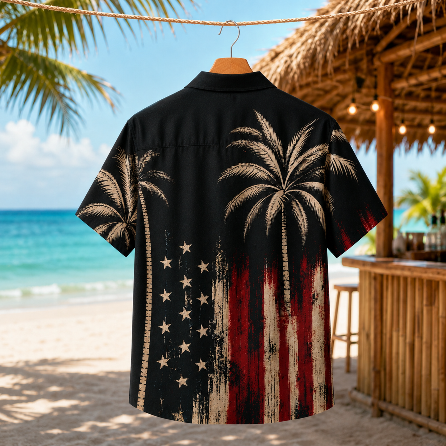 HW-M212-Patriotic American Flag Palm Tree Satin Hawaiian Shirt Vintage USA Summer Beach Button Up