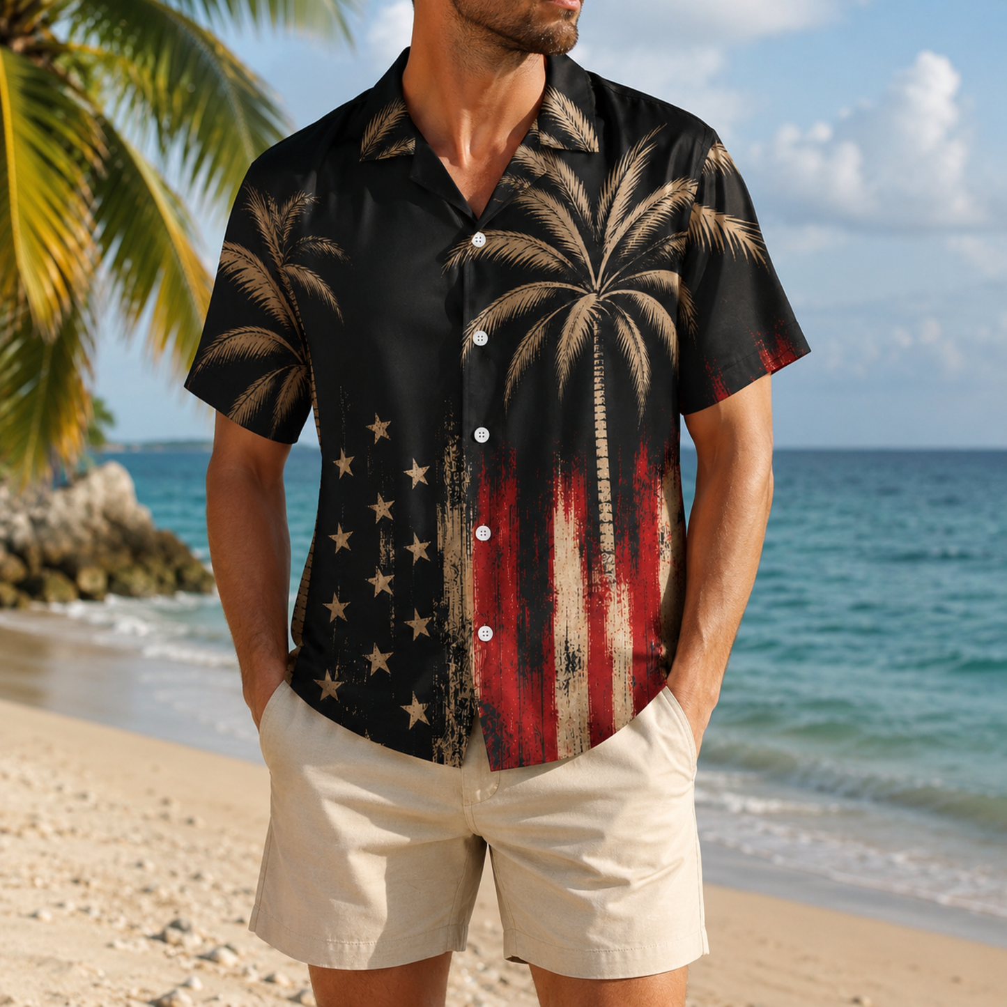 HW-M212-Patriotic American Flag Palm Tree Satin Hawaiian Shirt Vintage USA Summer Beach Button Up