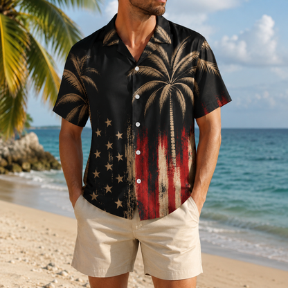 HW-M212-Patriotic American Flag Palm Tree Satin Hawaiian Shirt Vintage USA Summer Beach Button Up