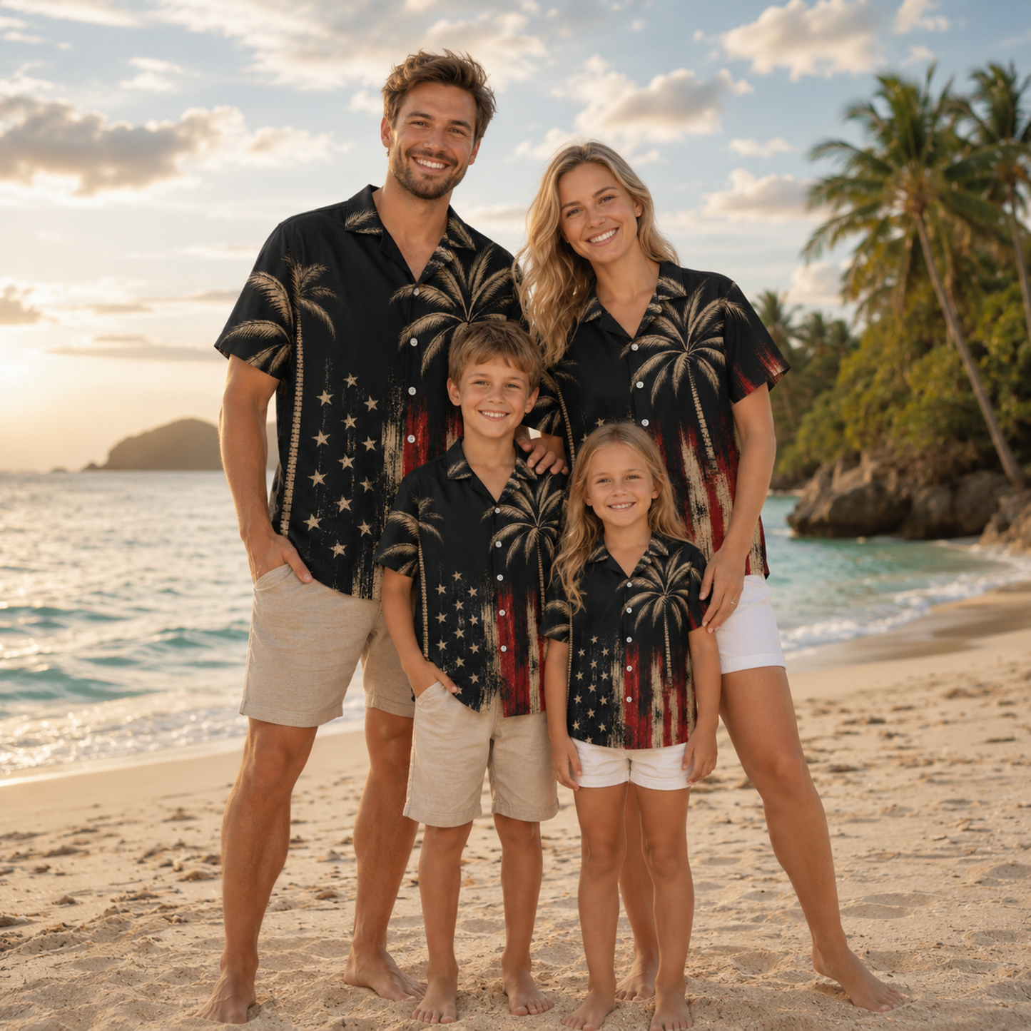 HW-M212-Patriotic American Flag Palm Tree Satin Hawaiian Shirt Vintage USA Summer Beach Button Up