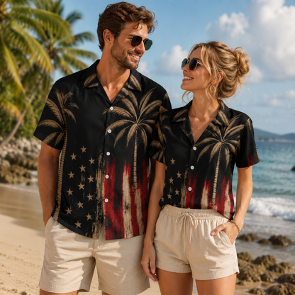 HW-M212-Patriotic American Flag Palm Tree Satin Hawaiian Shirt Vintage USA Summer Beach Button Up