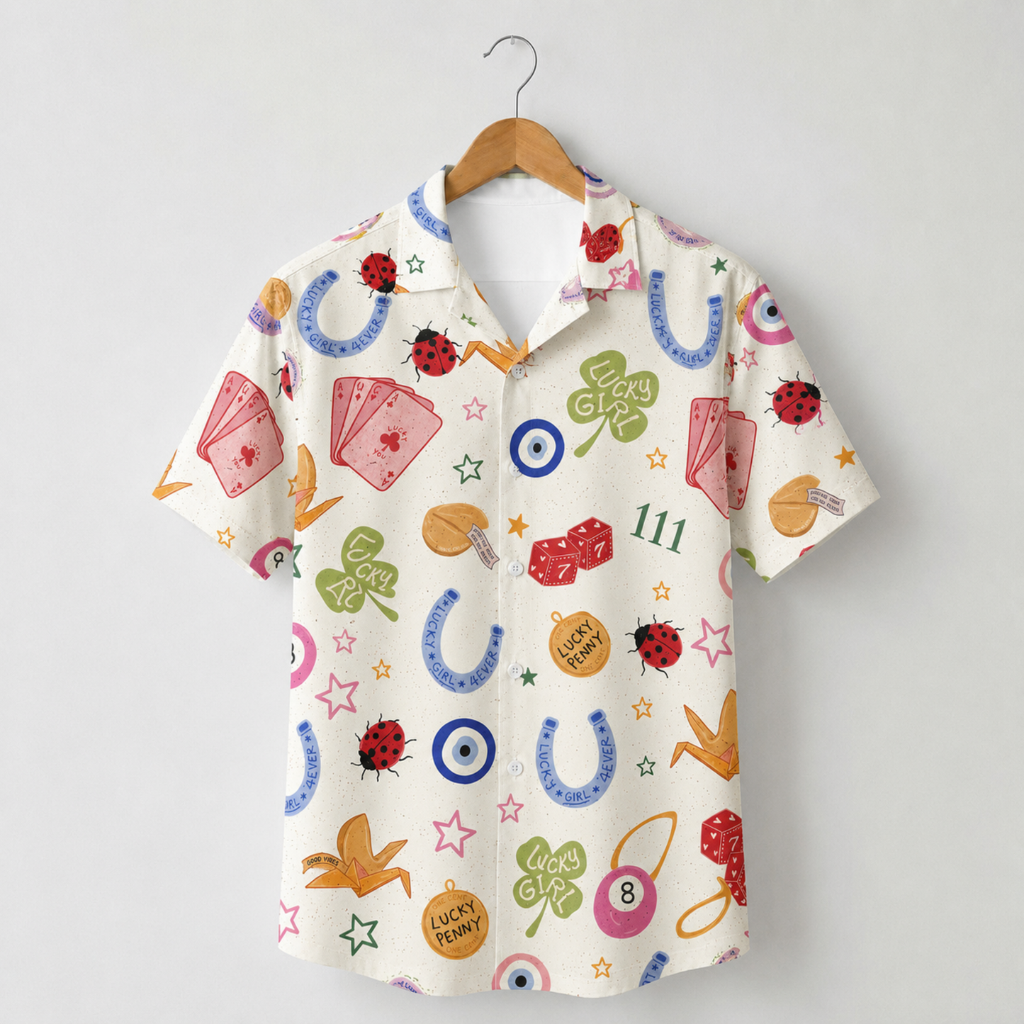 HW-M213-White Fabric Aesthetic Hawaiian Shirt Apparel, Whimsical Symbol Graphic Loungewear Sleepwear Collection Top Bottom Raiment
